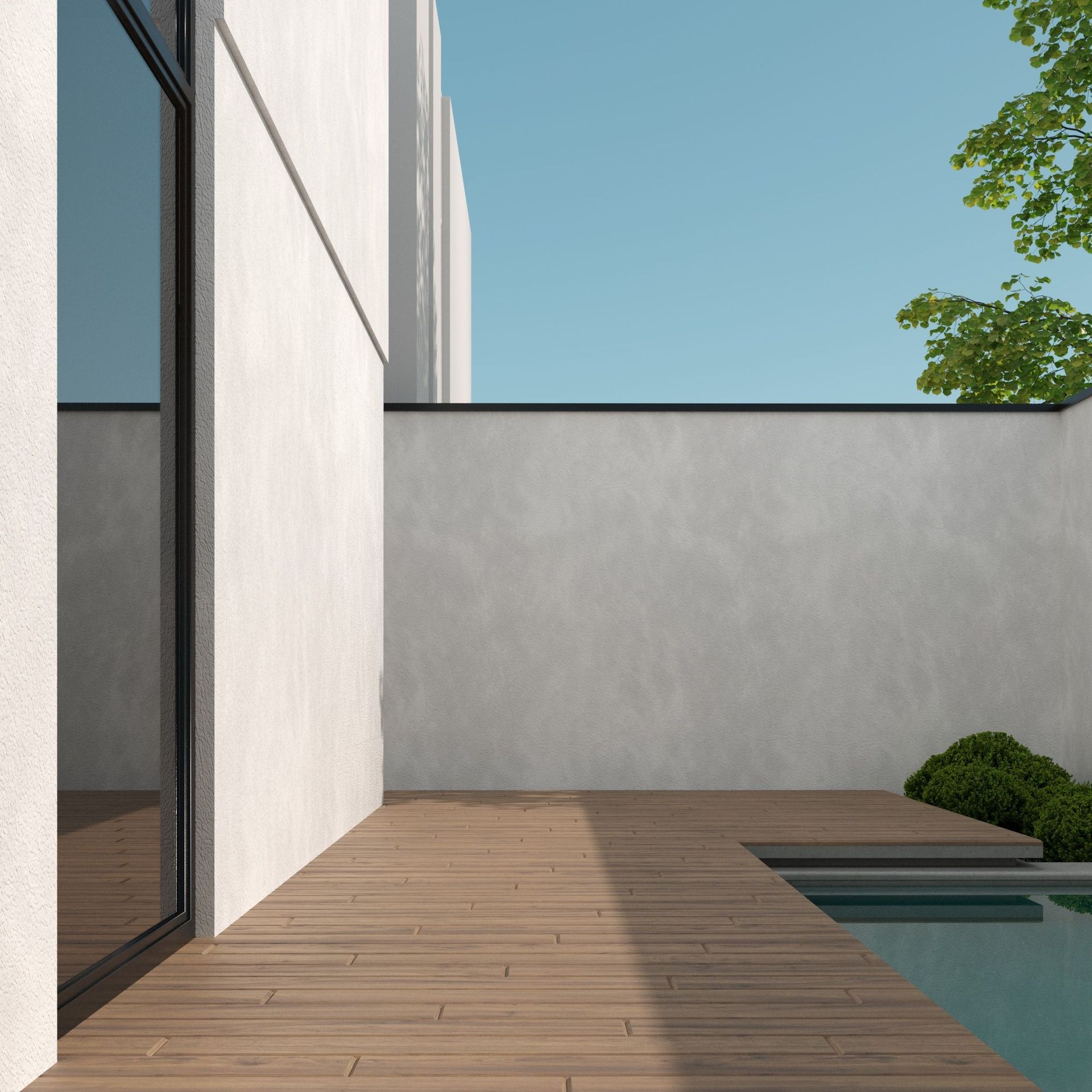 Sleek modern patio featuring wooden decking, a reflective glass door, and a tranquil pool.